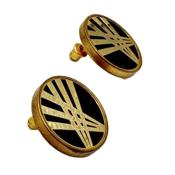Vintage Black and Gold Button Costume Earrings Art Deco Revival 80s - Picture 3 of 5